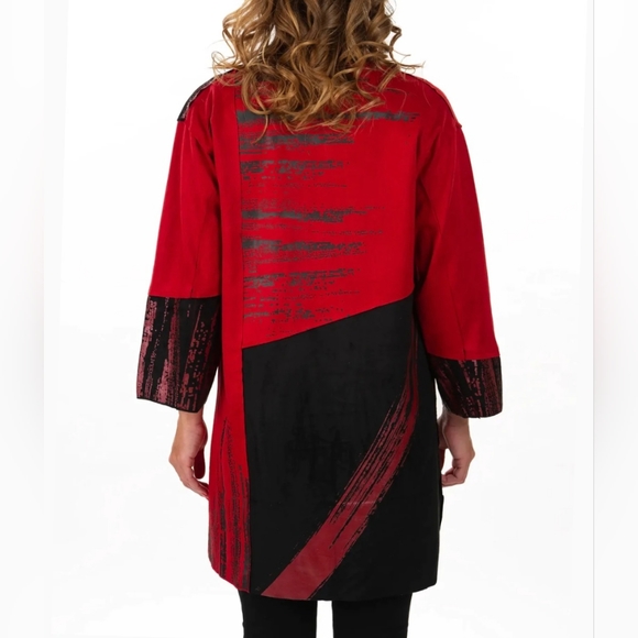 NWT Lemon Grass Women's Red Hand Printed Stand-Up Collar Jacket W/Button Detail - Picture 3 of 6